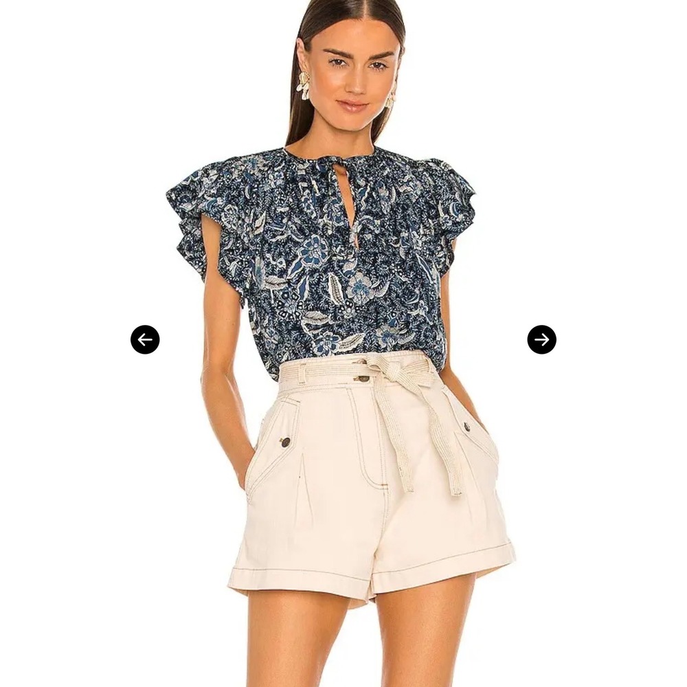 Ulla Johnson Shani‎ Blouse Navy Floral Ruffle Sleeve Boho Tie Neck Top